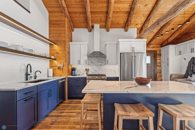 kitchen with white cabinetry, high end appliances, blue cabinetry, light hardwood / wood-style flooring, and sink