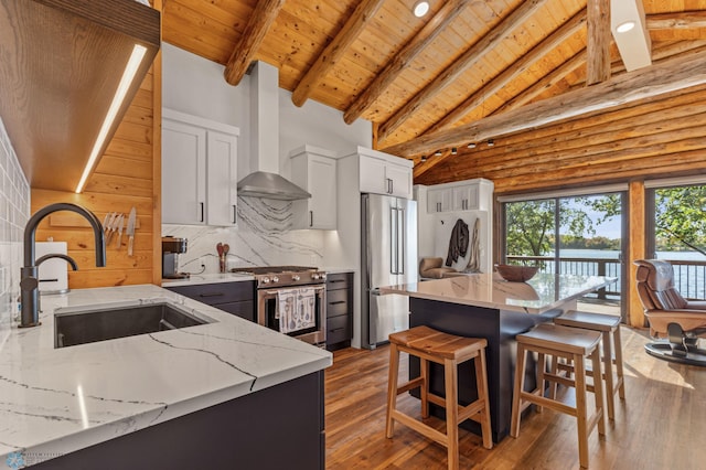 kitchen with wood ceiling, sink, high end appliances, white cabinetry, and vaulted ceiling with beams