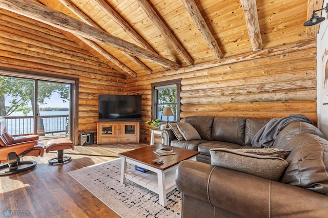 living room featuring beam ceiling, hardwood / wood-style floors, wooden ceiling, and a wealth of natural light