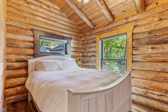 bedroom featuring wooden ceiling, vaulted ceiling with beams, log walls, and hardwood / wood-style floors