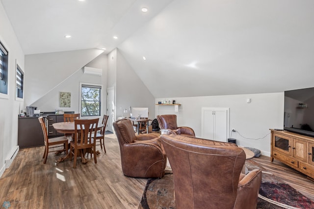 living room with baseboard heating, hardwood / wood-style floors, high vaulted ceiling, and an AC wall unit