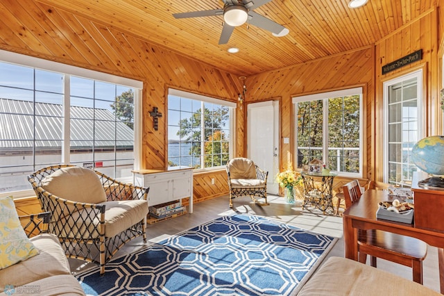 sunroom featuring wood ceiling and ceiling fan