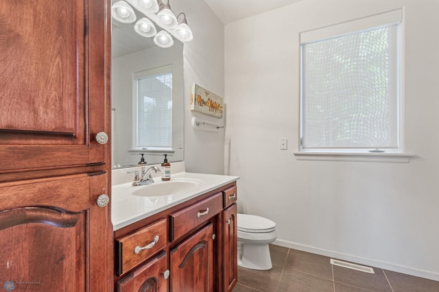 bathroom with vanity, toilet, and tile patterned flooring