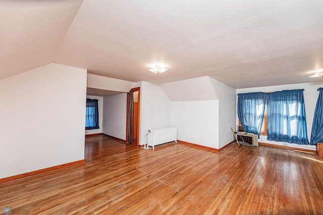 additional living space with wood-type flooring, vaulted ceiling, and radiator heating unit