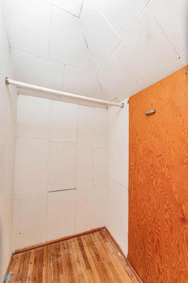 empty room featuring wood walls and light hardwood / wood-style floors