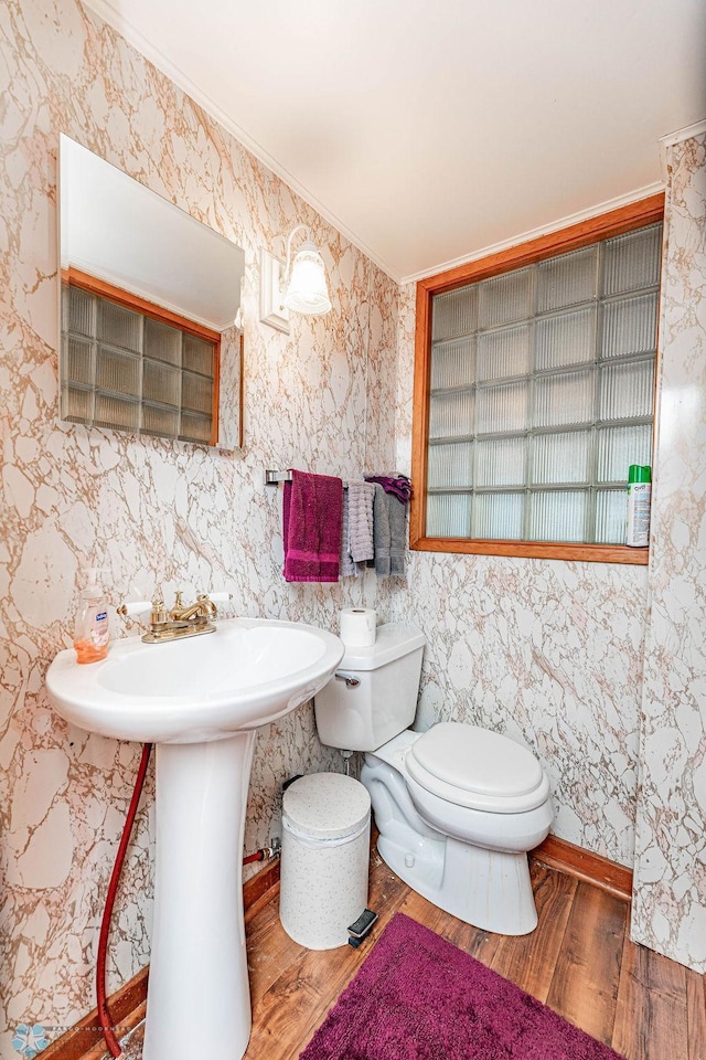 bathroom featuring wood-type flooring, sink, crown molding, and toilet