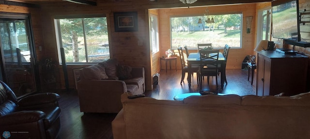 living room featuring dark hardwood / wood-style floors and wooden walls