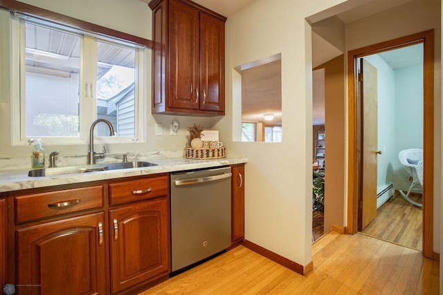 kitchen featuring sink, a baseboard radiator, stainless steel dishwasher, and light hardwood / wood-style flooring