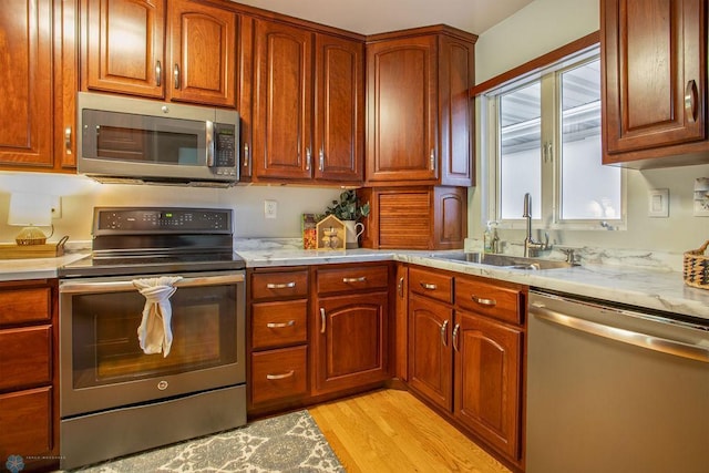 kitchen with light wood-type flooring, sink, and stainless steel appliances