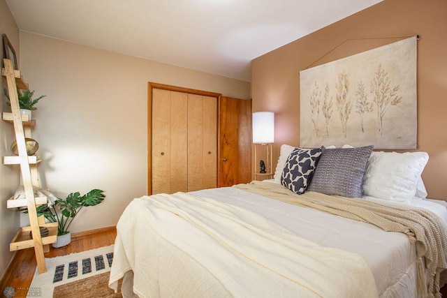 bedroom with wood-type flooring and a closet