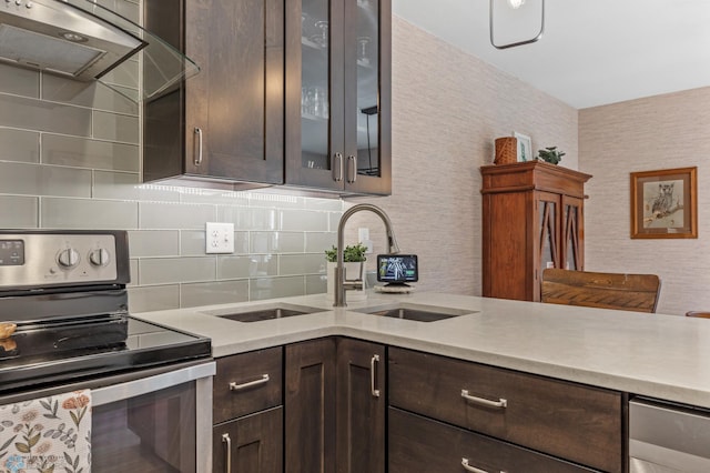 kitchen with electric stove, dark brown cabinets, tasteful backsplash, and range hood