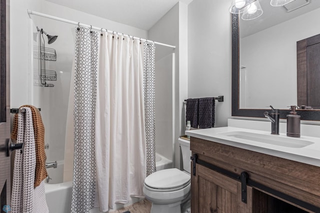 full bathroom with vanity, toilet, and shower / tub combo with curtain