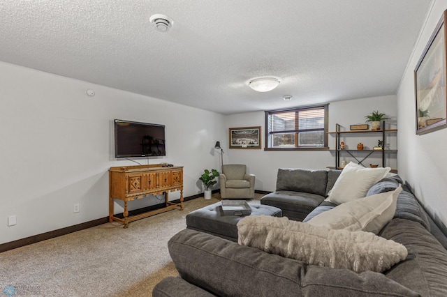 living room with a textured ceiling and carpet flooring