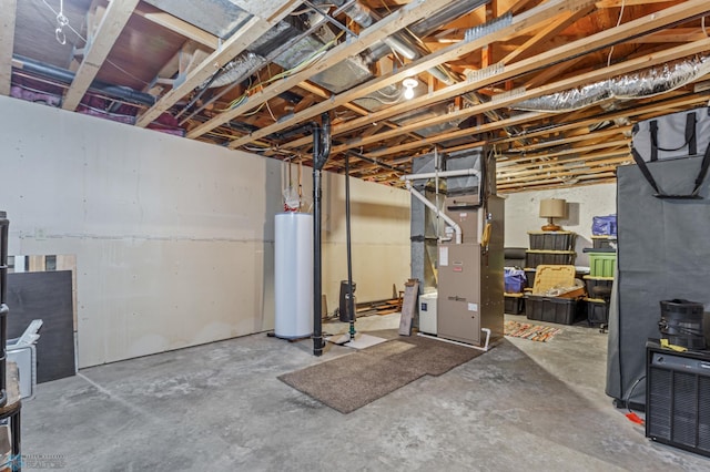 basement featuring heating unit and water heater