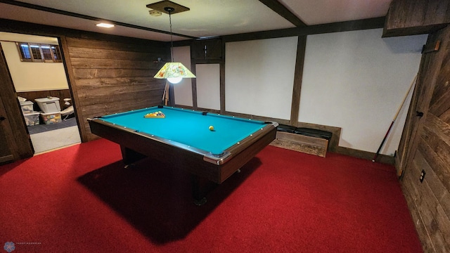 game room with dark carpet, wooden walls, and billiards