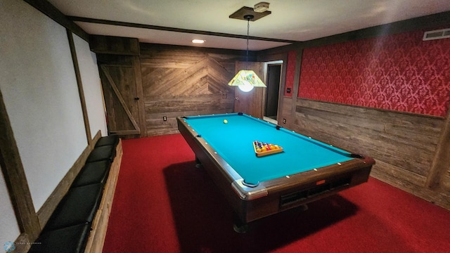 recreation room featuring pool table, wood walls, and dark carpet