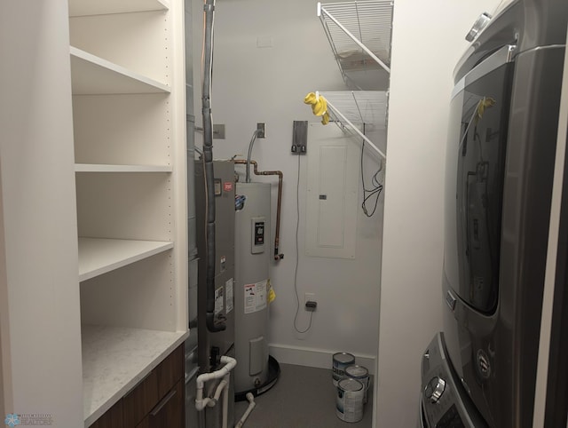 utility room with stacked washer and dryer, electric panel, and water heater