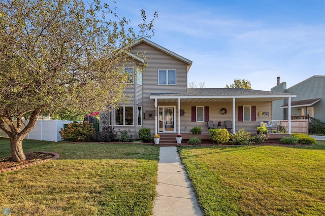 front of property with a porch and a front lawn