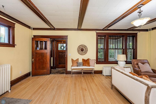 interior space featuring radiator, light wood-type flooring, and ornamental molding