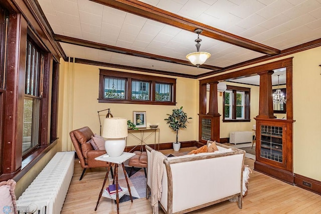 living room with ornate columns, crown molding, light wood-type flooring, and radiator