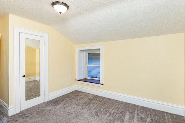 additional living space featuring lofted ceiling, carpet floors, and a textured ceiling