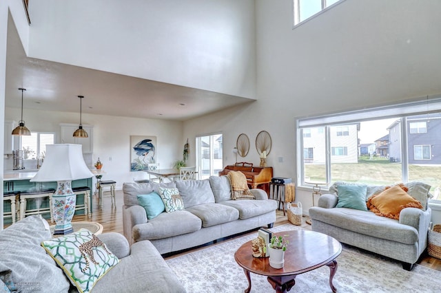 living room featuring light hardwood / wood-style flooring and a high ceiling