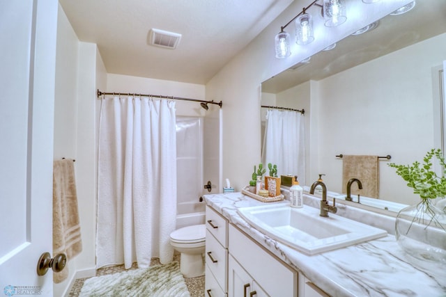 full bathroom with toilet, tile patterned flooring, vanity, and shower / bathtub combination with curtain