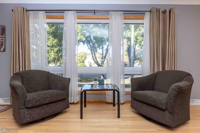 living area featuring a healthy amount of sunlight and light hardwood / wood-style floors