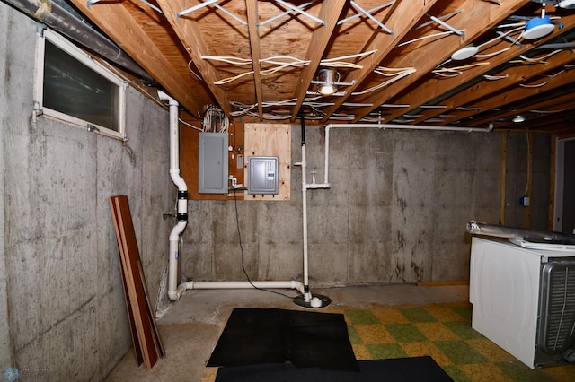 basement featuring electric panel and washer / dryer