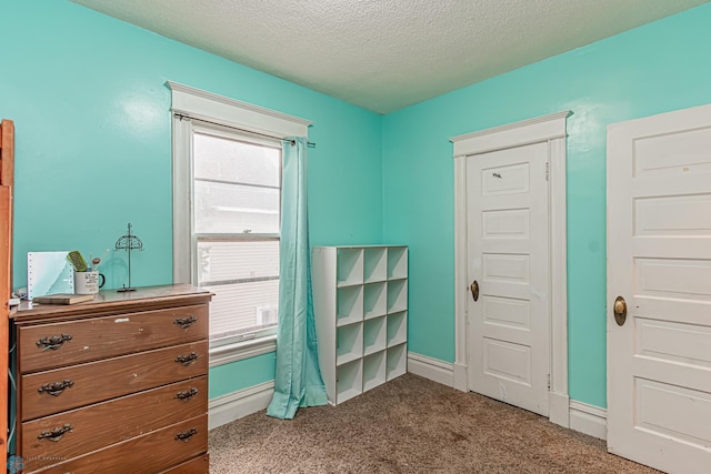 interior space with a textured ceiling and carpet flooring