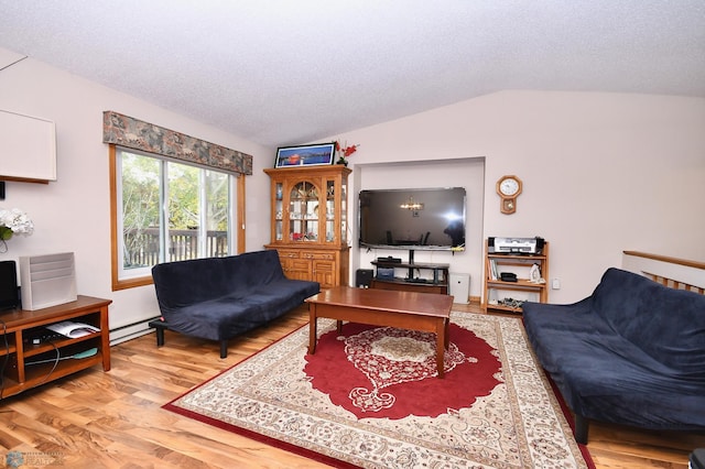 living room featuring vaulted ceiling, a textured ceiling, a baseboard radiator, and hardwood / wood-style floors