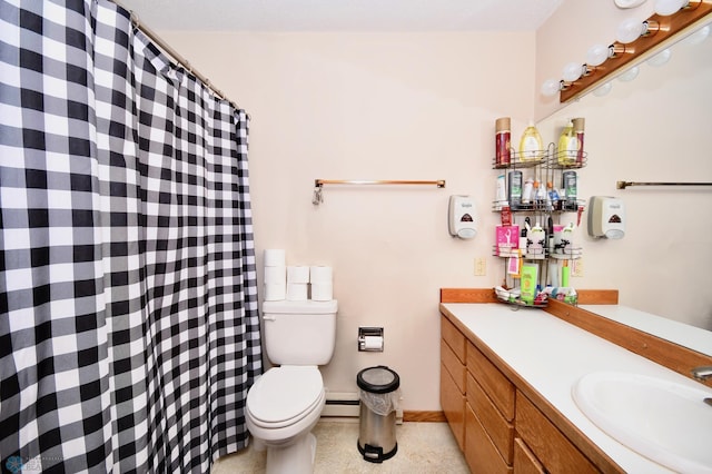 bathroom with vanity, a baseboard radiator, walk in shower, and toilet