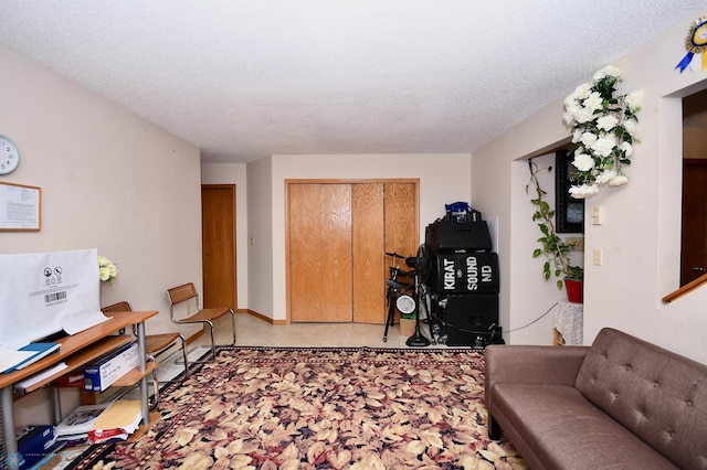 living room with a textured ceiling