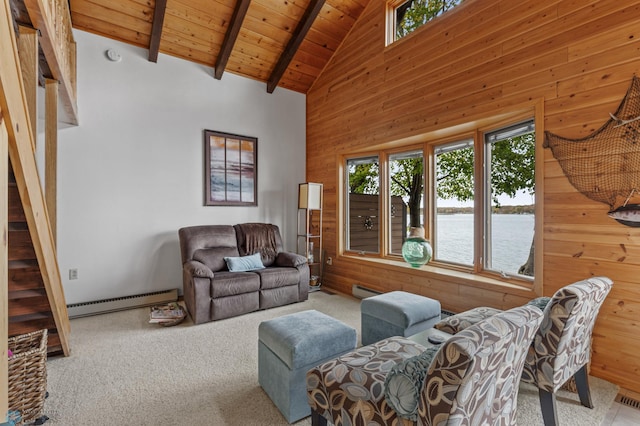 living room with carpet flooring, beam ceiling, wood ceiling, high vaulted ceiling, and a baseboard heating unit