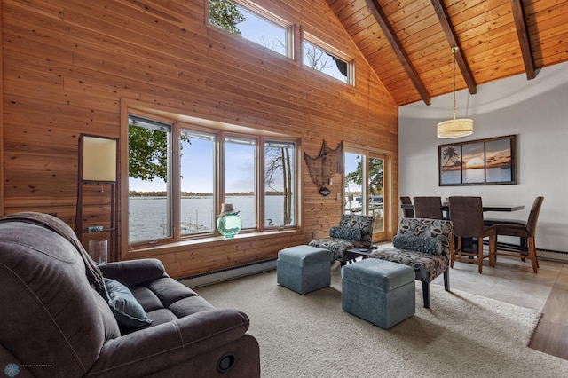 living room featuring wood ceiling, beam ceiling, a baseboard heating unit, high vaulted ceiling, and a water view