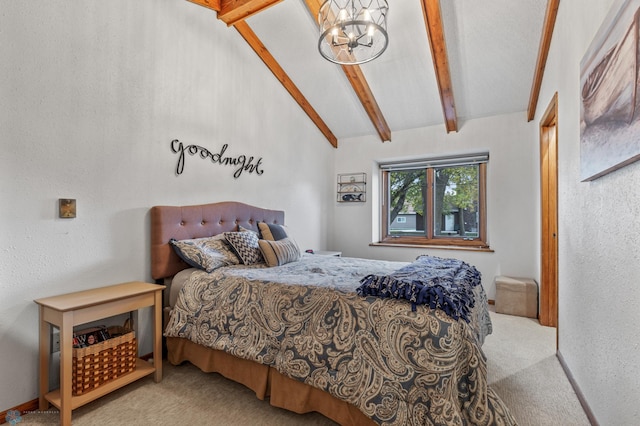 carpeted bedroom featuring lofted ceiling with beams and a notable chandelier