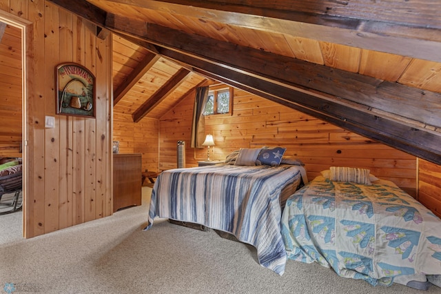 carpeted bedroom featuring wooden ceiling, lofted ceiling with beams, and wooden walls