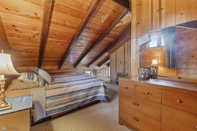 bedroom featuring wood ceiling, light colored carpet, vaulted ceiling with beams, and wooden walls