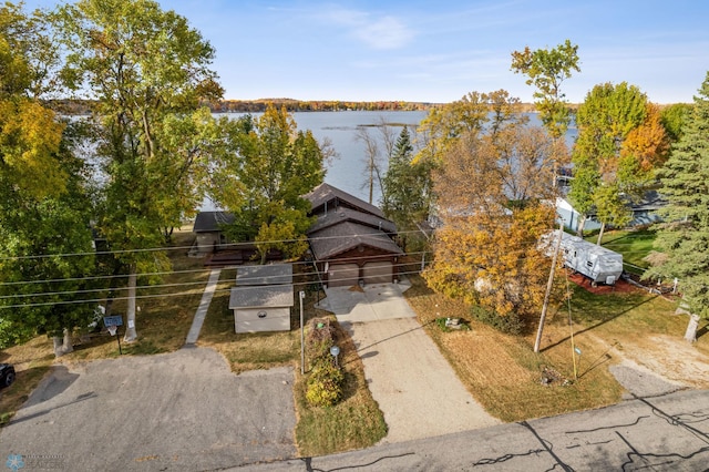 drone / aerial view with a water view