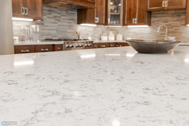 kitchen with light stone countertops, sink, decorative backsplash, and stainless steel range