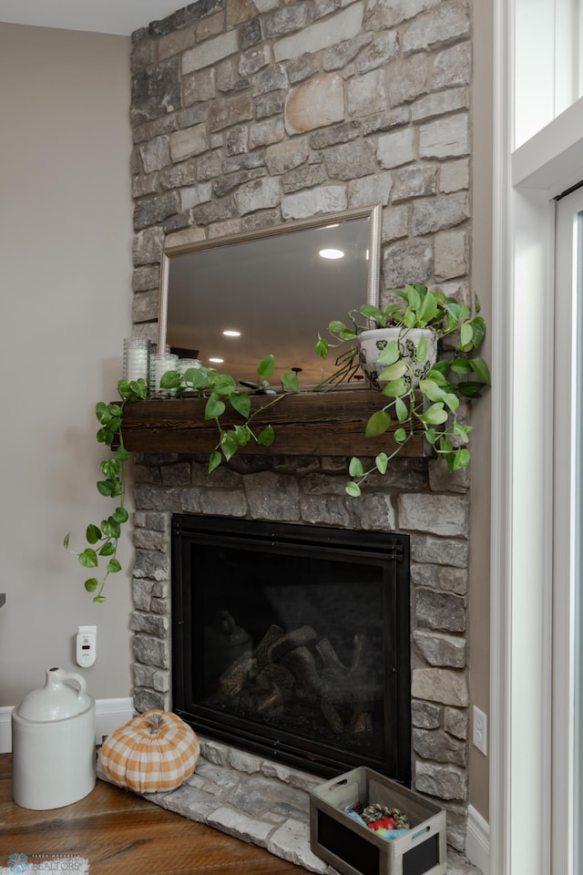 room details with a stone fireplace and hardwood / wood-style floors