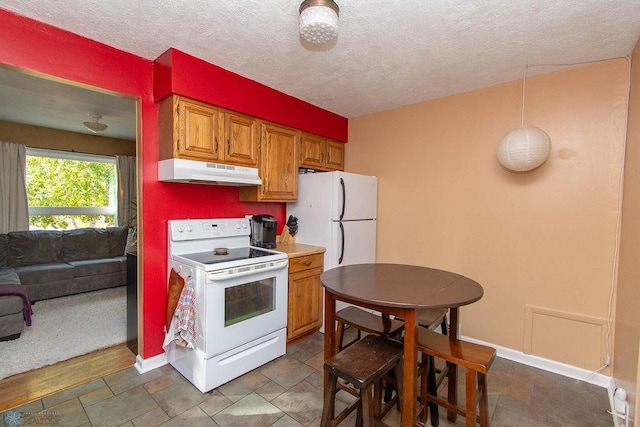 kitchen with a textured ceiling, decorative light fixtures, hardwood / wood-style flooring, and white appliances