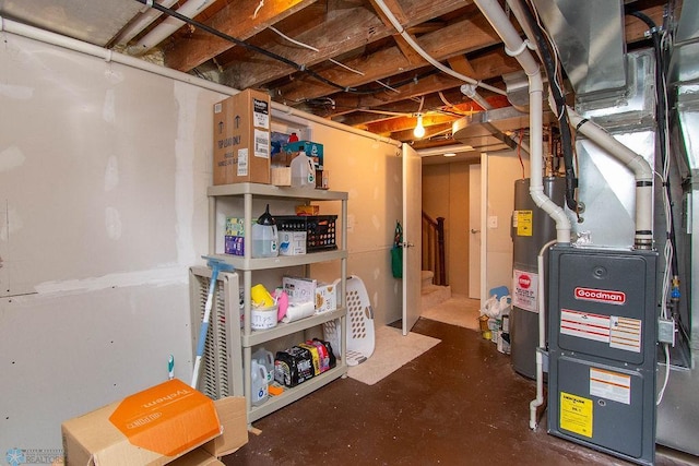 basement with water heater and heating unit