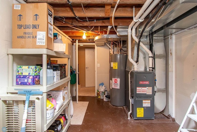 basement with water heater and heating unit