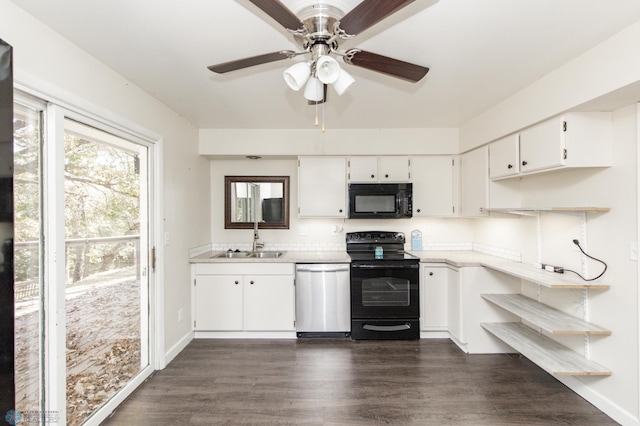 kitchen featuring black appliances, sink, white cabinetry, ceiling fan, and dark wood-type flooring