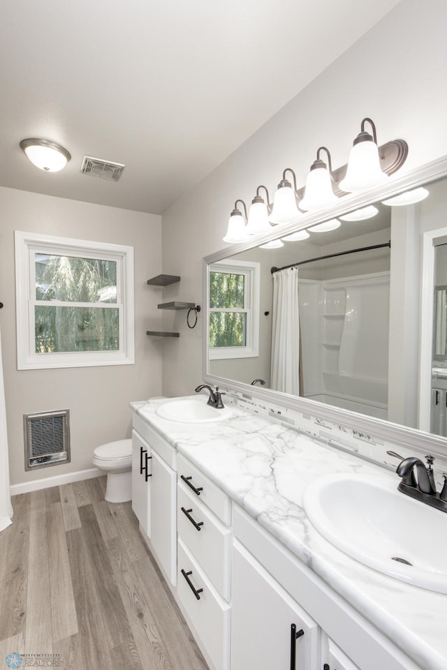 bathroom with a wealth of natural light, vanity, wood-type flooring, and toilet