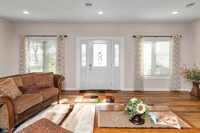 living room featuring a wealth of natural light and hardwood / wood-style floors