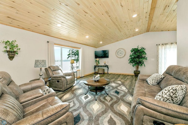 living room featuring lofted ceiling, wood ceiling, and hardwood / wood-style flooring