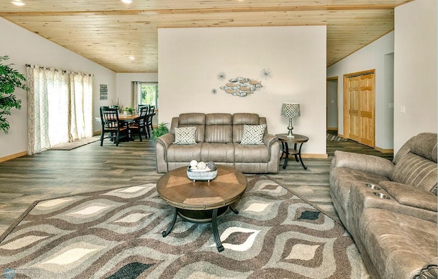 living room with wood ceiling, hardwood / wood-style flooring, and vaulted ceiling