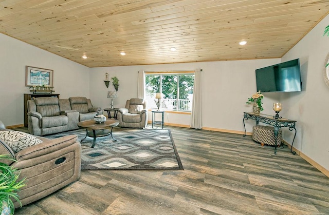 living room with hardwood / wood-style floors, vaulted ceiling, and wooden ceiling